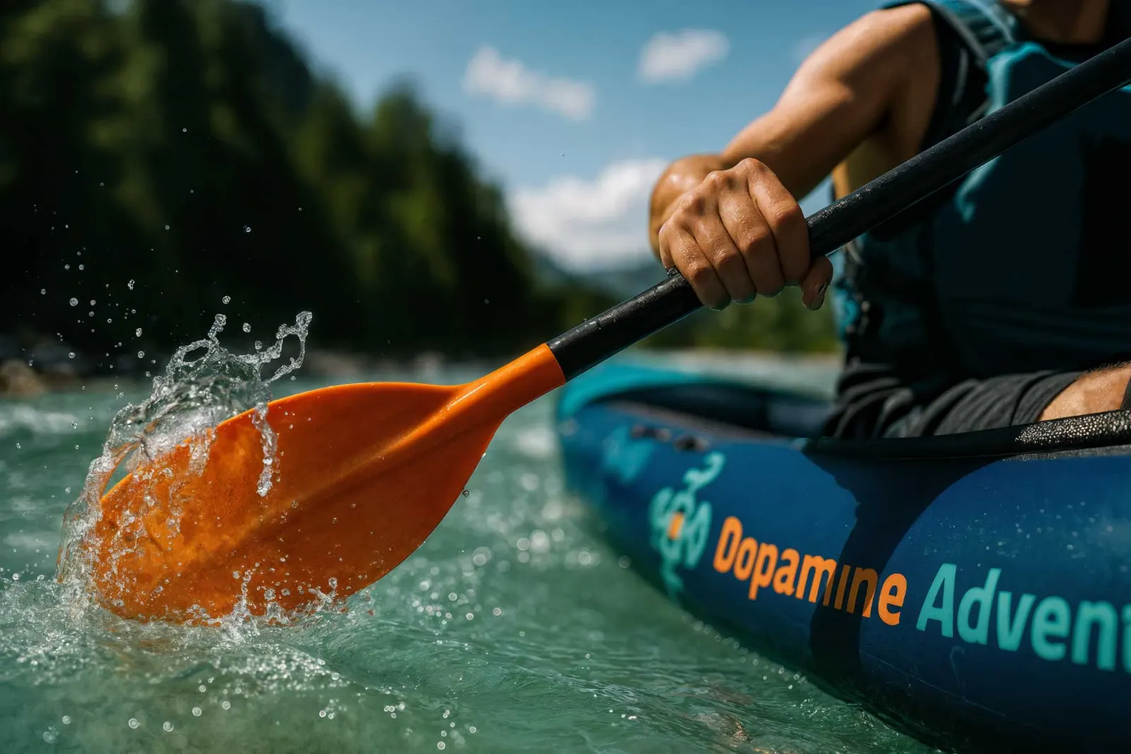 Ruka vesla iz Dopamine Adventure kajaka, voda prska